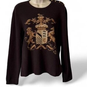 Vintage Rare Ralph Lauren Brown & Gold Crest Coat of Arms Lambswool Sweater